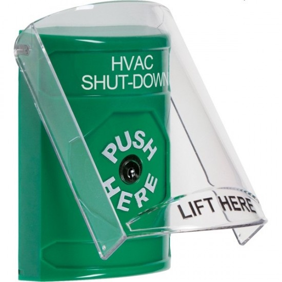 SS21A0HV-ES STI Green Indoor Only Flush or Surface w/ Horn Key-to-Reset Stopper Station with HVAC SHUT DOWN Label Spanish
