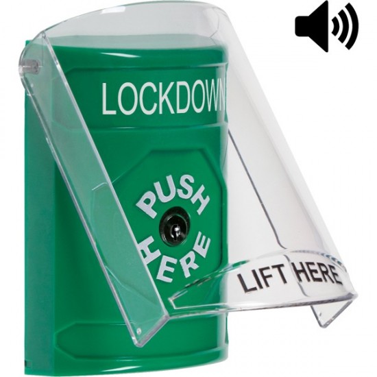 SS21A0LD-EN STI Green Indoor Only Flush or Surface w/ Horn Key-to-Reset Stopper Station with LOCKDOWN Label English
