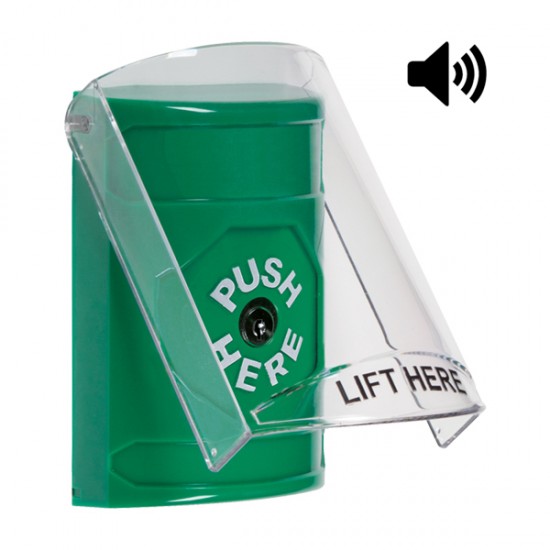 SS21A0NT-EN STI Green Indoor Only Flush or Surface w/ Horn Key-to-Reset Stopper Station with No Text Label English