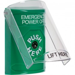 SS21A0PO-ES STI Green Indoor Only Flush or Surface w/ Horn Key-to-Reset Stopper Station with EMERGENCY POWER OFF Label Spanish