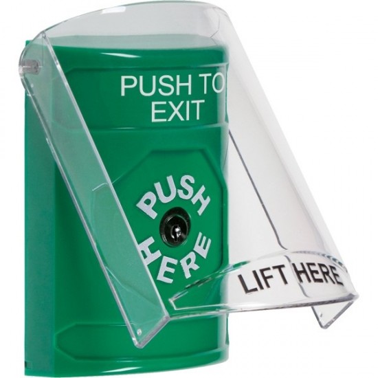SS21A0PX-ES STI Green Indoor Only Flush or Surface w/ Horn Key-to-Reset Stopper Station with PUSH TO EXIT Label Spanish