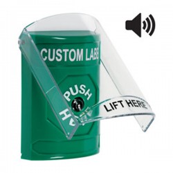 SS21A0ZA-EN STI Green Indoor Flush/Surface w/ Horn Key-to-Reset Stopper Station w/ Custom Text Label