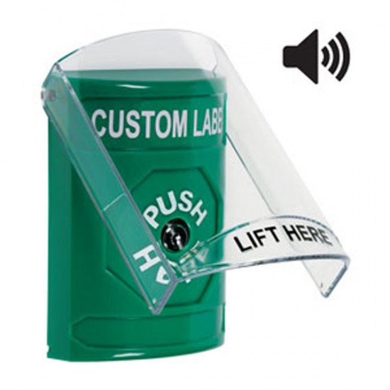 SS21A0ZA-EN STI Green Indoor Flush/Surface w/ Horn Key-to-Reset Stopper Station w/ Custom Text Label