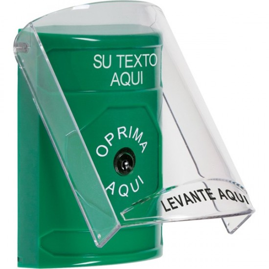 SS21A0ZA-ES STI Green Indoor Flush/Surface w/ Horn Key-to-Reset Stopper Station w/ Custom Text Spanish