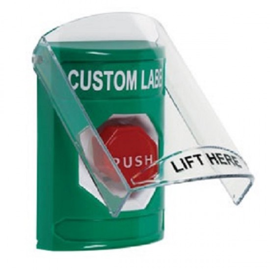 SS21A2ZA-ES STI Green Indoor Flush/Surface w/ Horn Key-to-Reset Stopper Station w/ Custom Text Spanish
