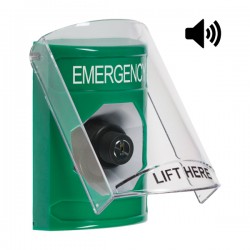 SS21A3EM-EN STI Green Indoor Only Flush or Surface w/ Horn Key-to-Activate Stopper Station with EMERGENCY Label English SS21A3EM-EN STI Green Indoor Only Flush or Surface w/ Horn Key-to-Activate Stopper Station with EMERGENCY Label English