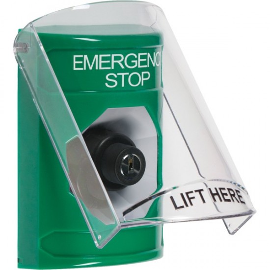 SS21A3ES-ES STI Green Indoor Only Flush or Surface w/ Horn Key-to-Activate Stopper Station with EMERGENCY STOP Label Spanish