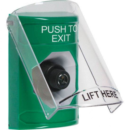 SS21A3PX-ES STI Green Indoor Only Flush or Surface w/ Horn Key-to-Activate Stopper Station with PUSH TO EXIT Label Spanish