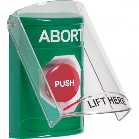 SS21A4AB-ES STI Green Indoor Only Flush or Surface w/ Horn Momentary Stopper Station with ABORT Label Spanish