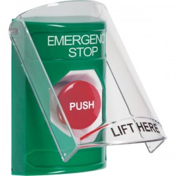 SS21A4ES-ES STI Green Indoor Only Flush or Surface w/ Horn Momentary Stopper Station with EMERGENCY STOP Label Spanish