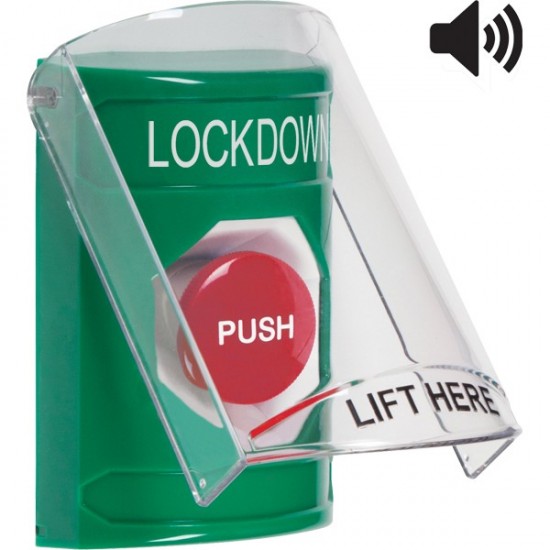 SS21A4LD-EN STI Green Indoor Only Flush or Surface w/ Horn Momentary Stopper Station with LOCKDOWN Label English