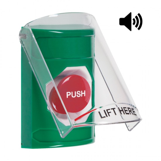 SS21A4NT-EN STI Green Indoor Only Flush or Surface w/ Horn Momentary Stopper Station with No Text Label English