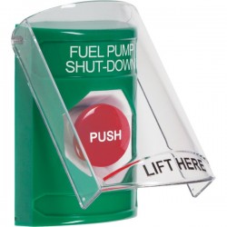 SS21A4PS-ES STI Green Indoor Only Flush or Surface w/ Horn Momentary Stopper Station with FUEL PUMP SHUT DOWN Label Spanish