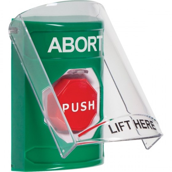 SS21A5AB-ES STI Green Indoor Only Flush or Surface w/ Horn Momentary (Illuminated) Stopper Station with ABORT Label Spanish