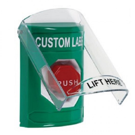 SS21A5ZA-ES STI Green Indoor Flush/Surface w/ Horn Momentary Stopper Station w/ Custom Text Spanish