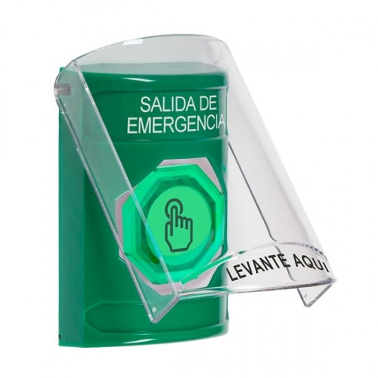 SS21A6EX-ES STI Green Indoor Only Flush or Surface w/ Horn Momentary (Illuminated) with Green Lens Stopper Station with EMERGENCY EXIT Label Spanish