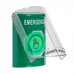 SS21A7EM-ES STI Green Indoor Flush/Surface w/ Horn Weather Resistant Momentary Stopper Station w/ EMERGENCY Spanish