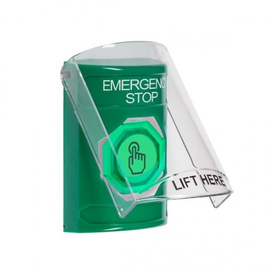 SS21A7ES-EN STI Green Indoor Flush/Surface w/ Horn Weather Resistant Momentary Stopper Station w/ EMERGENCY STOP Label