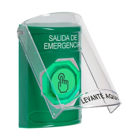SS21A7EX-ES STI Green Indoor Only Flush or Surface w/ Horn Weather Resistant Momentary (Illuminated) with Green Lens Stopper Station with EMERGENCY EXIT Label Spanish