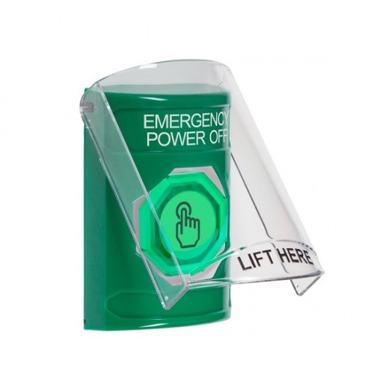 SS21A7PO-EN STI Green Indoor Flush/Surface w/ Horn Weather Resistant Momentary Stopper Station w/ EMERGENCY POWER OFF Label
