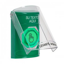 SS21A7ZA-ES STI Green Indoor Flush/Surface w/ Horn Weather Resistant Momentary Stopper Station w/ Custom Text Spanish