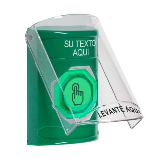 SS21A7ZA-ES STI Green Indoor Flush/Surface w/ Horn Weather Resistant Momentary Stopper Station w/ Custom Text Spanish