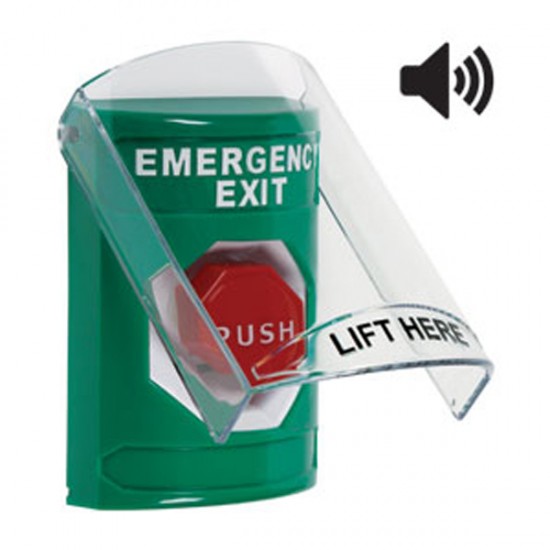 SS21A8EX-EN STI Green Indoor Flush/Surface w/ Horn Pneumatic (Illuminated) Stopper Station w/ EMERGENCY EXIT Label