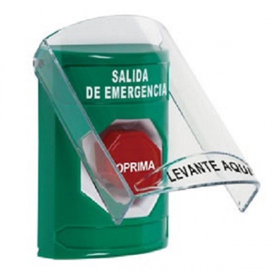 SS21A8EX-ES STI Green Indoor Flush/Surface w/ Horn Pneumatic (Illuminated) Stopper Station w/ EMERGENCY EXIT Spanish