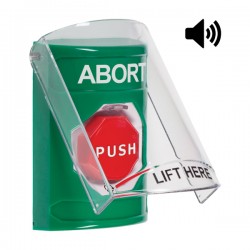 SS21A9AB-EN STI Green Indoor Only Flush or Surface w/ Horn Turn-to-Reset (Illuminated) Stopper Station with ABORT Label English