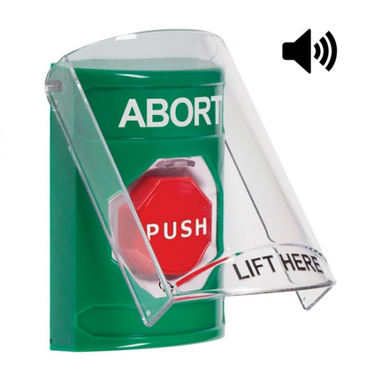 SS21A9AB-EN STI Green Indoor Only Flush or Surface w/ Horn Turn-to-Reset (Illuminated) Stopper Station with ABORT Label English