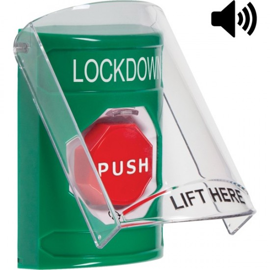 SS21A9LD-EN STI Green Indoor Flush/Surface w/ Horn Turn-to-Reset Stopper Station w/ LOCKDOWN Label