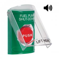 SS21A9PS-EN STI Green Indoor Flush/Surface w/ Horn Turn-to-Reset Stopper Station w/ FUEL PUMP SHUT DOWN Label