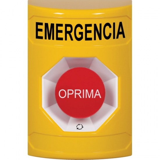 SS2201EM-ES STI Yellow No Cover Turn-to-Reset Stopper Station with EMERGENCY Label Spanish
