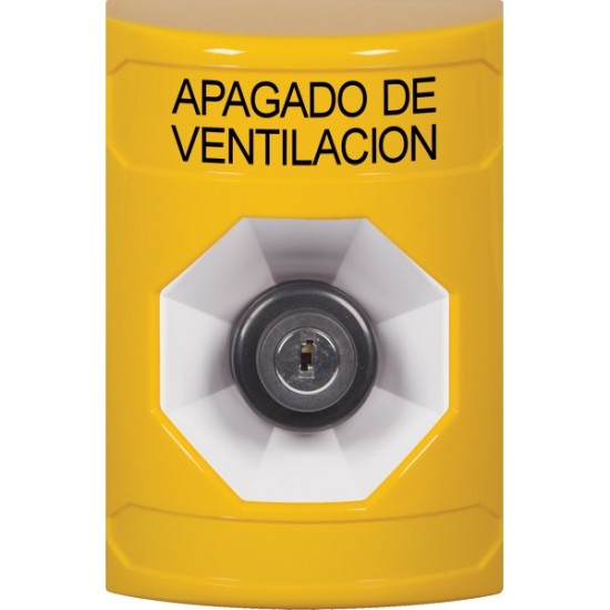 SS2203HV-ES STI Yellow No Cover Key-to-Activate Stopper Station with HVAC SHUT DOWN Label Spanish
