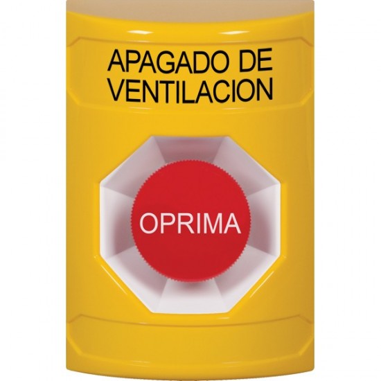 SS2204HV-ES STI Yellow No Cover Momentary Stopper Station with HVAC SHUT DOWN Label Spanish