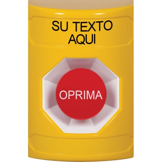 SS2204ZA-ES STI Yellow No Cover Momentary Stopper Station with Non-Returnable Custom Text Label Spanish