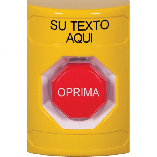 SS2208ZA-ES STI Yellow No Cover Pneumatic (Illuminated) Stopper Station with Non-Returnable Custom Text Label Spanish