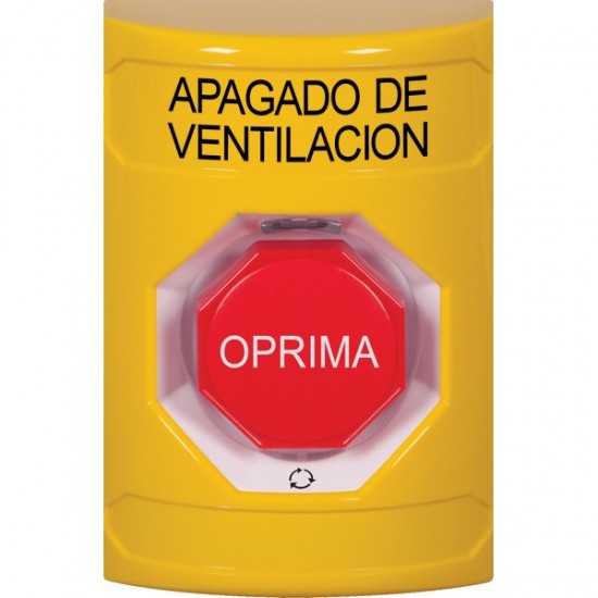 SS2209HV-ES STI Yellow No Cover Turn-to-Reset (Illuminated) Stopper Station with HVAC SHUT DOWN Label Spanish