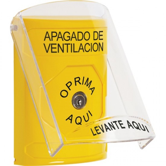 SS2220HV-ES STI Yellow Indoor Only Flush or Surface Key-to-Reset Stopper Station with HVAC SHUT DOWN Label Spanish