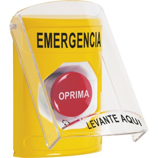 SS2221EM-ES STI Yellow Indoor Only Flush or Surface Turn-to-Reset Stopper Station with EMERGENCY Label Spanish