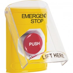 SS2221ES-EN STI Yellow Indoor Only Flush or Surface Turn-to-Reset Stopper Station with EMERGENCY STOP Label English