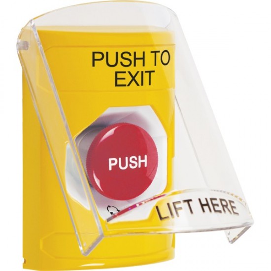 SS2221PX-EN STI Yellow Indoor Only Flush or Surface Turn-to-Reset Stopper Station with PUSH TO EXIT Label English