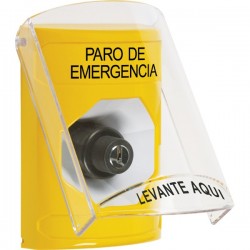 SS2223ES-ES STI Yellow Indoor Only Flush or Surface Key-to-Activate Stopper Station with EMERGENCY STOP Label Spanish