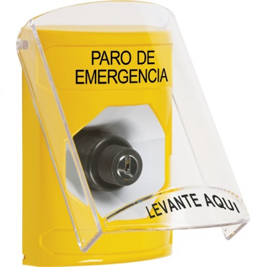 SS2223ES-ES STI Yellow Indoor Only Flush or Surface Key-to-Activate Stopper Station with EMERGENCY STOP Label Spanish