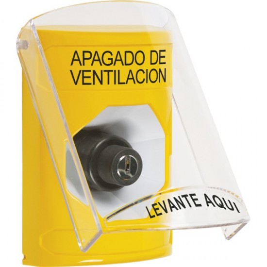 SS2223HV-ES STI Yellow Indoor Only Flush or Surface Key-to-Activate Stopper Station with HVAC SHUT DOWN Label Spanish