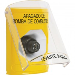 SS2223PS-ES STI Yellow Indoor Only Flush or Surface Key-to-Activate Stopper Station with FUEL PUMP SHUT DOWN Label Spanish