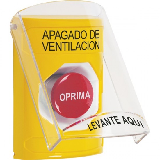 SS2224HV-ES STI Yellow Indoor Only Flush or Surface Momentary Stopper Station with HVAC SHUT DOWN Label Spanish