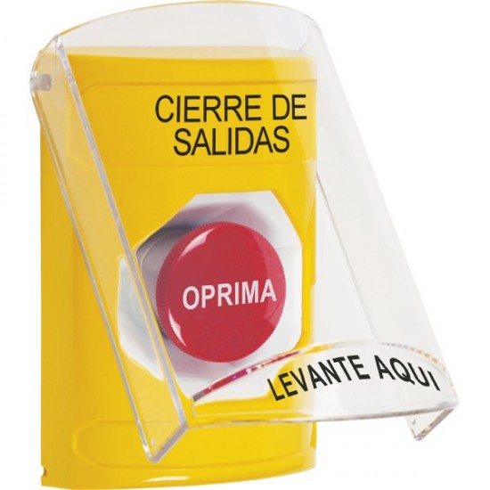 SS2224LD-ES STI Yellow Indoor Only Flush or Surface Momentary Stopper Station with LOCKDOWN Label Spanish