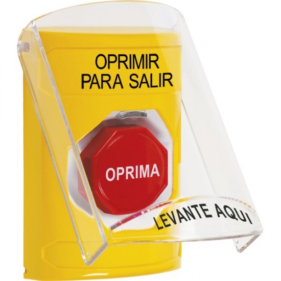 SS2225PX-ES STI Yellow Indoor Only Flush or Surface Momentary (Illuminated) Stopper Station with PUSH TO EXIT Label Spanish