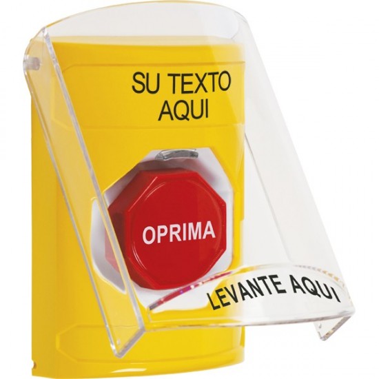 SS2225ZA-ES STI Yellow Indoor Flush/Surface Momentary Stopper Station w/ Custom Text Spanish